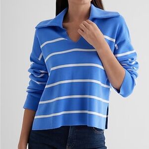 Relaxed Blue and White Striped V-Neck polo sweater